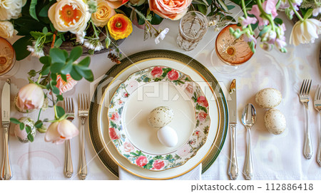 Easter tablescape decoration, floral holiday table decor for family celebration, spring flowers, Easter eggs, Easter bunny and vintage dinnerware, English country and home styling Easter tablescape decoration, floral holiday table decor for family celebration, spring flowers, Easter eggs, Easter bunny and vintage dinnerware, English country and home styling 112886418