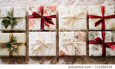 Christmas gift wrapping idea for boxing day and winter holidays in the English countryside tradition Christmas gift wrapping idea for boxing day and winter holidays in the English countryside tradition 112886426