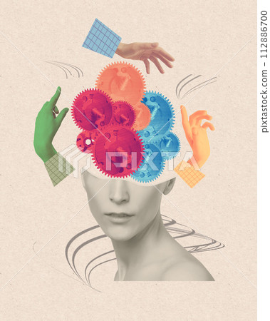 Contemporary art collage, design. Abstract doctor hands near human head, working with mental issues. Psychiatrist. Concept of medical assistance, treatment, mental treatment - fix your brains concepts Contemporary art collage, design. Abstract doctor hands near human head, working with mental issues. Psychiatrist. Concept of medical assistance, treatment, mental treatment - fix your brains concepts 112886700