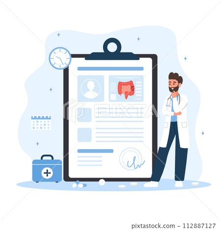 Proctologist concept. Male doctor make diagnosis and choose treatment methods. Man in lab coat analysis intestine. Prevention of cancer. Vector illustration in flat cartoon style. Colon diseases 112887127