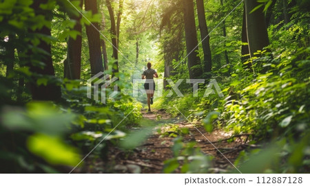 AI-generated content. Morning jog in a serene forest pathway 112887128
