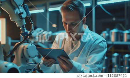 AI-generated content. Engineer programming industrial robot in factory 112887421