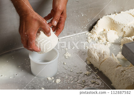 Production of artisanal cheese, rennet and packaging in molds to shape 112887582