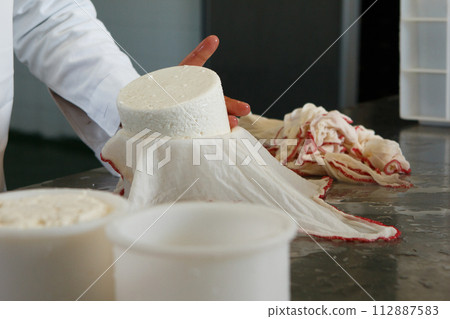Production of artisanal cheese, rennet and packaging in molds to shape 112887583
