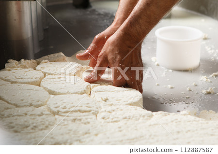 Production of artisanal cheese, rennet and packaging in molds to shape 112887587