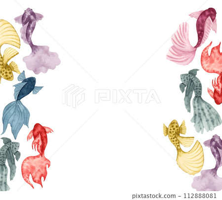 Horizontal frame of watercolor fish.Hand illustration.Simple, stylized style. Solid color sea animals. Underwater world of marine wildlife.Ocean and sea.Vector. Horizontal frame of watercolor fish.Hand illustration.Simple, stylized style. Solid color sea animals. Underwater world of marine wildlife.Ocean and sea.Vector. 112888081