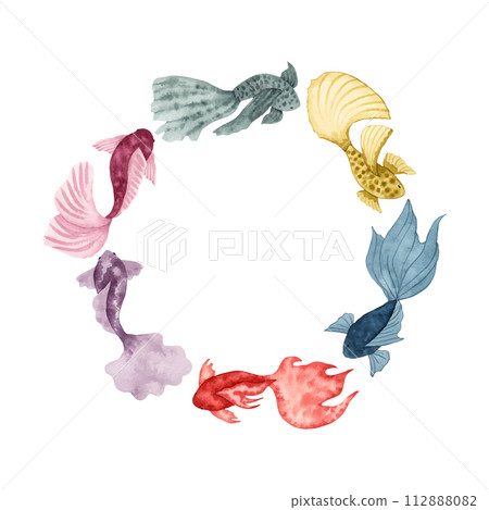 Round wreath of watercolor fish.Hand illustration.Simple, stylized style. Solid color sea animals. Underwater world of marine wildlife.Ocean and sea.Vector frame. 112888082