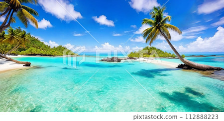 Sea stretches alongside a long white beach, where a gracefully curved palm tree sways in the breeze. 112888223