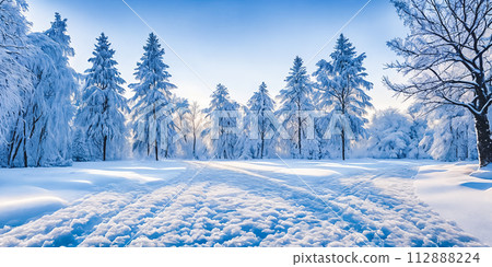 A serene winter landscape, picturesque panorama. Generative AI 112888224