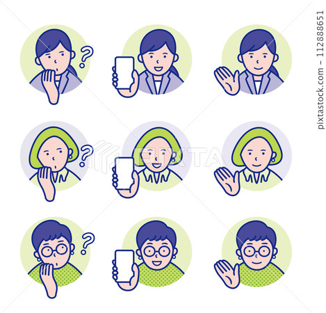 一個女人的圓形圖標，她疑惑地歪著頭，拿著智慧型手機，用手指向[組] 112888651