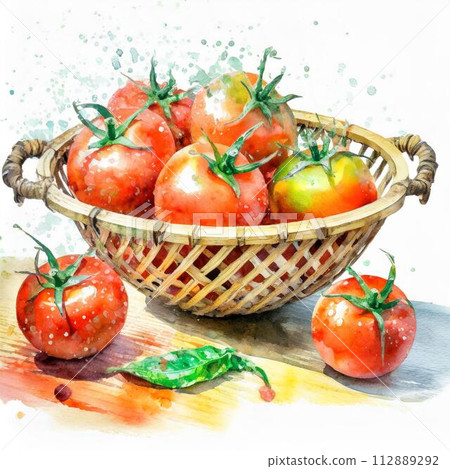 Tomatoes on a bamboo colander (watercolor style) White background White background 112889292