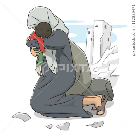 悲傷的女人抱著她的孩子 112889471