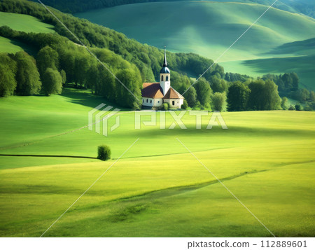 AI-generated image of a church built on a gentle hill full of greenery AI-generated image of a church built on a gentle hill full of greenery 112889601