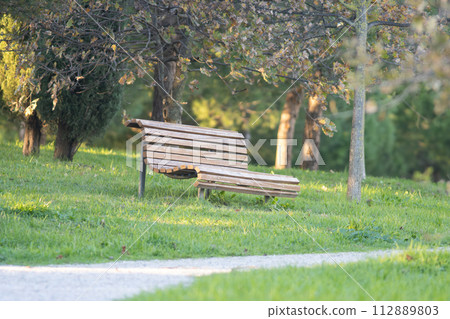 An empty park bench is empty and sits in a grassy field 112889803