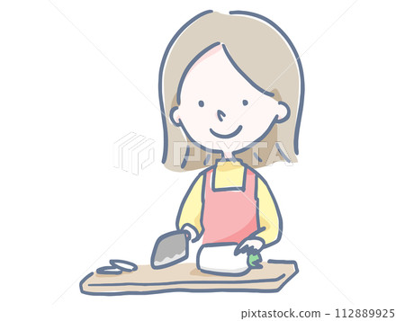 Illustration of a woman in an apron cutting vegetables 112889925