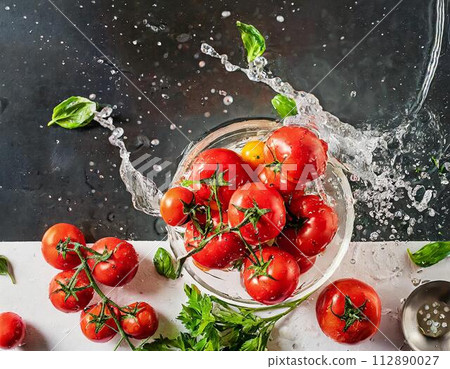 Fresh tomatoes bathing in water, overhead view 112890027