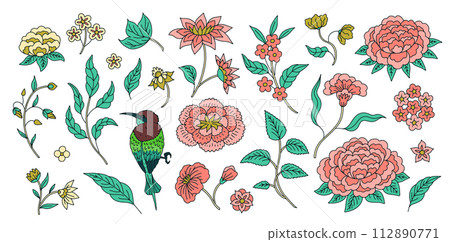 Set of floral chinoiserie style flowers isolated on white background 112890771