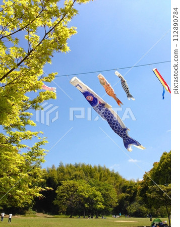 鯉魚旗在新綠藍天中游動 112890784