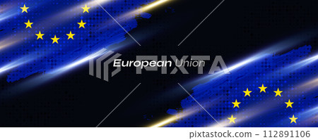European Union Flag in Brush Paint Style with Halftone and Glowing Light Effects. Flag of Europe with Grunge Concept European Union Flag in Brush Paint Style with Halftone and Glowing Light Effects. Flag of Europe with Grunge Concept 112891106