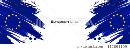 European Union Flag in Brush Paint Style with Halftone Effect. Flag of Europe with Grunge Concept 112891109