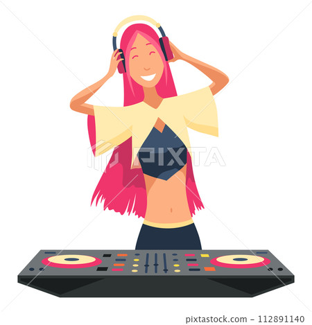 Dj characters. Female party musician in headphones for event music record console vector people. Dj music party, musician in headphones illustration 112891140