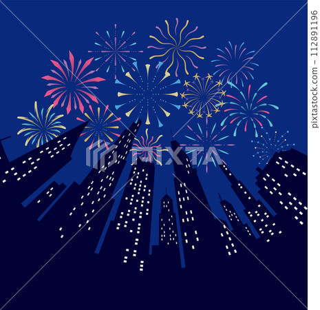 Fireworks displaying in dark evening sky and celebrating holiday against city buildings. Festival celebration, pyrotechnics show at night scene. Flat cartoon colorful vector illustration 112891196
