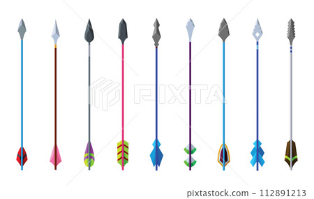 Medieval arrows set. Fighting decorative cartoon arrows. Design element for poster, label or sign on menu. Color vintage symbols Medieval arrows set. Fighting decorative cartoon arrows. Design element for poster, label or sign on menu. Color vintage symbols 112891213