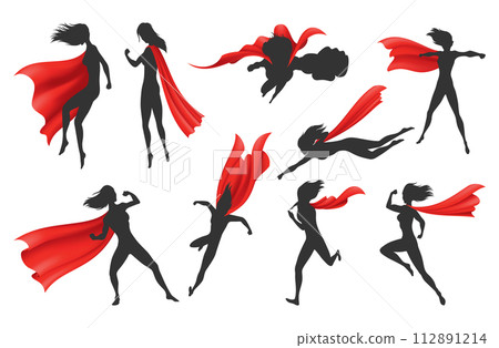 Woman superhero silhouette with scarlet fabric silk cloak set. Mantle costume or cover cartoon vector illustration 112891214