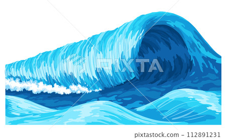 Ocean waves, splash water, marine sea storm element. Blue sea or ocean wave with spray, foam on crest. Vector illustration Ocean waves, splash water, marine sea storm element. Blue sea or ocean wave with spray, foam on crest. Vector illustration 112891231