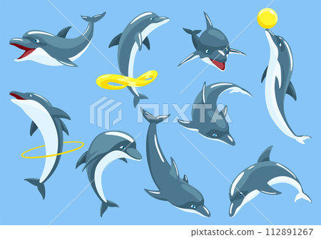 Dolphin cartoon characters set isolated on white. Sea life blue fish or wild nature animals in different poses. Vector illustration of ocean mammal in motion 112891267