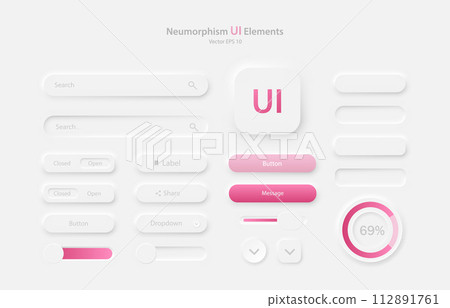 Collection of user interface elements for a mobile application. Set of icons for user interface development in white and pink. 112891761