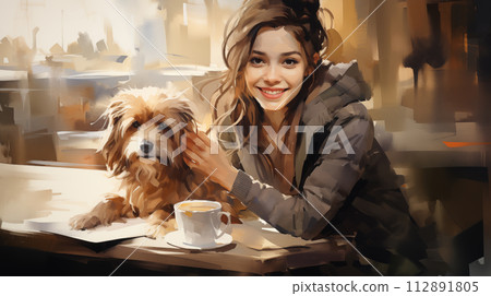 AI-generated content. A cheerful woman enjoys a cup of coffee with her dog, depicted in a vibrant digital painting. 112891805