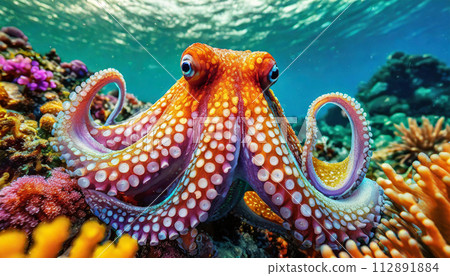 Beautiful Octopus Swimming Gracefully Underwater in a Vibrant Coral Reef. Generative Ai 112891884