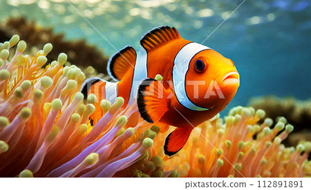 Anemonefish or Clown Fish Gracefully Swimming in a Vibrant Coral Reef - Generative Ai 112891891