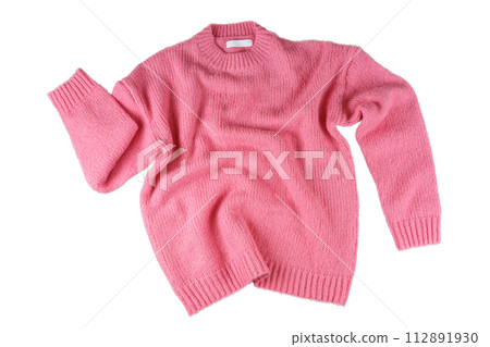 Pink flying crumpled women's autumn knitted sweater isolated on white background Pink flying crumpled women's autumn knitted sweater isolated on white background 112891930