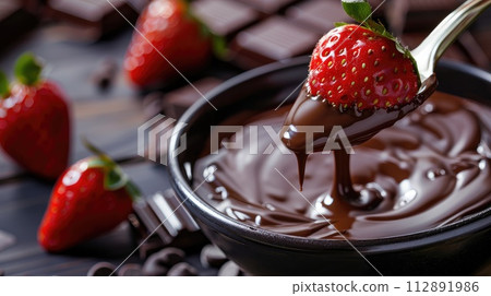 AI-generated content. Fondue fork with strawberry in bowl of melted chocolate.  AI-generated content. Fondue fork with strawberry in bowl of melted chocolate.  112891986