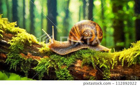 Close-up of a Snail with Shell above a Tree Trunk in the Forest - Generative Ai 112892022