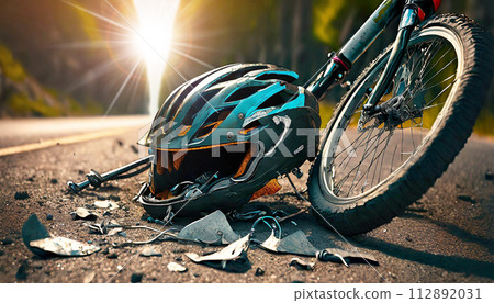 Broken Helmet and Bicycle Lying on the Road After an Accident - Generative Ai Broken Helmet and Bicycle Lying on the Road After an Accident - Generative Ai 112892031