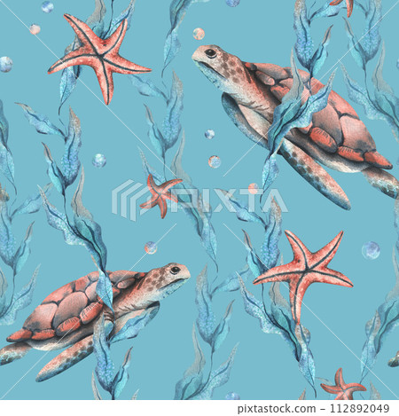 Underwater world clipart with sea animals whale, turtle, octopus, seahorse, starfish, shells, coral and algae. Hand drawn watercolor illustration. Seamless pattern on a blue background. 112892049