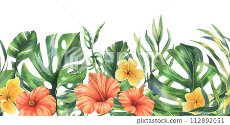 Tropical palm leaves, monstera and flowers of plumeria, hibiscus, bright juicy. Hand drawn watercolor botanical illustration. Seamless border is isolated from the background. 112892051