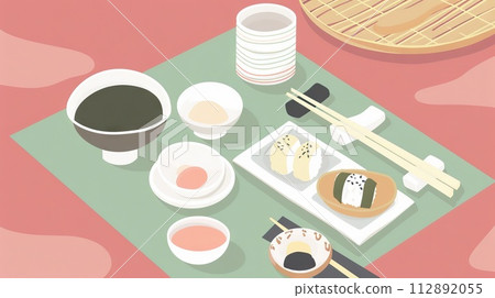 Flat design vector of a serene japanese meal setting with sushi and tea 112892055