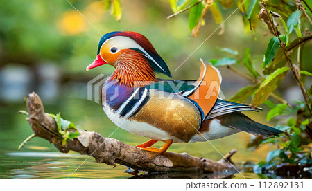 Closeup of Male Multi Colored Mandarin Duck on Tree Branch - Generative Ai 112892131