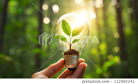 Hand Holding a Light Bulb with Small Plant Inside - Generative Ai 112892241