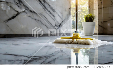 Floor Cleaning with Mop and Cleaning Foam on White Marble Floor - Generative Ai 112892243