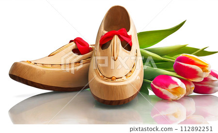 Dutch Wooden Clogs and Tulips Isolated on White Background - Generative Ai 112892251