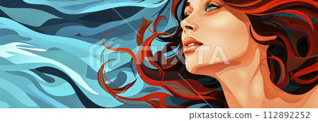 Wistfully Disappointed Red-haired Woman Against a Blue Wave Pattern 112892252