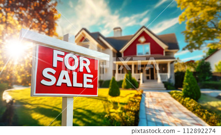 Home For Sale Real Estate Sign and New House - Generative Ai 112892274