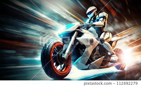 Humanoid Robot Riding a Futuristic High Speed Motorbike - Generative Ai 112892279