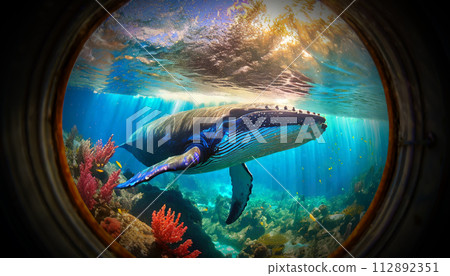 Majestic Humpback Whale Gracefully Swimming in a Vibrant Coral Reef - Generative Ai 112892351