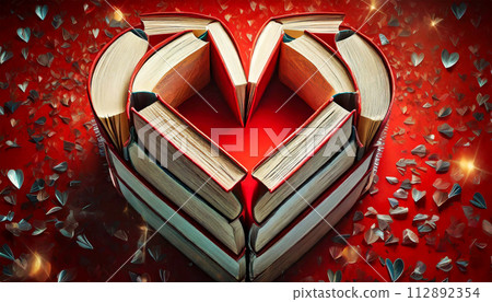 Love Story Books Forming Heart Shape on Red Background - Generative Ai 112892354